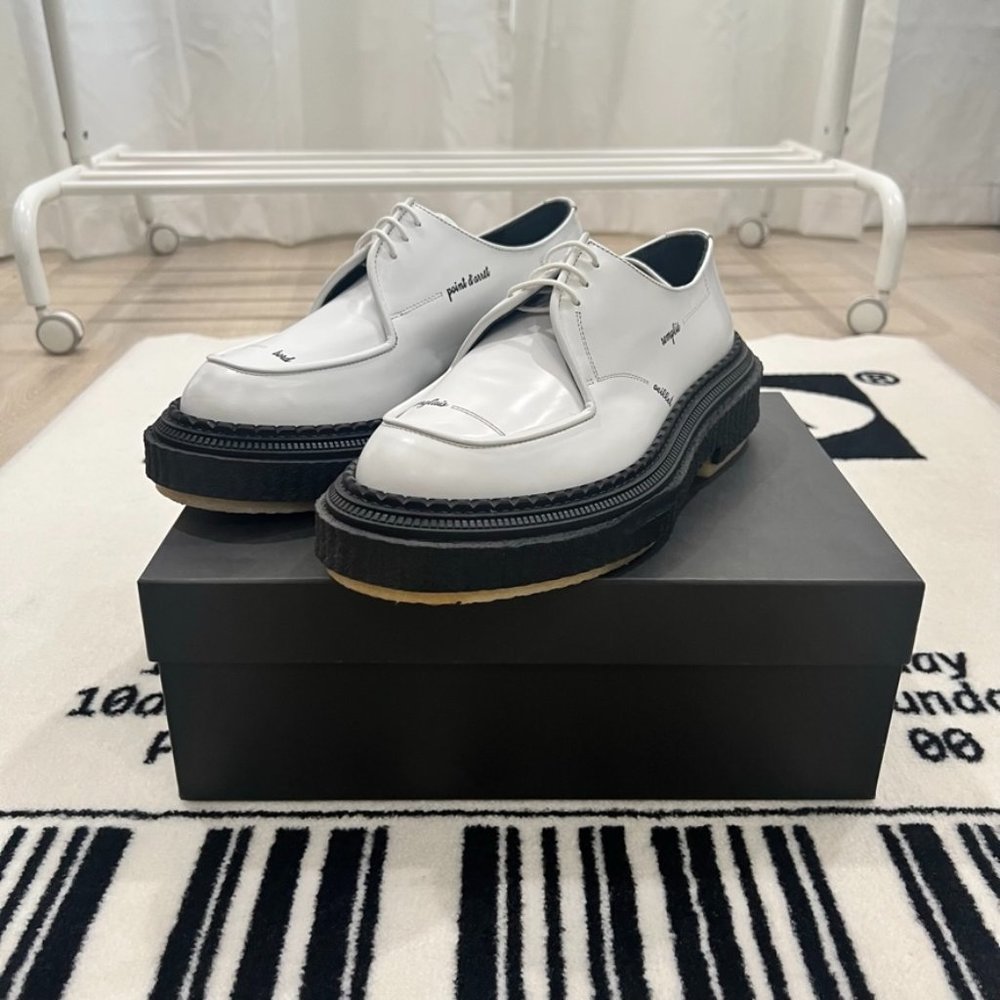 Adieu Paris White Polished Leather Platform Black Sole Lace Up Derby Shoes